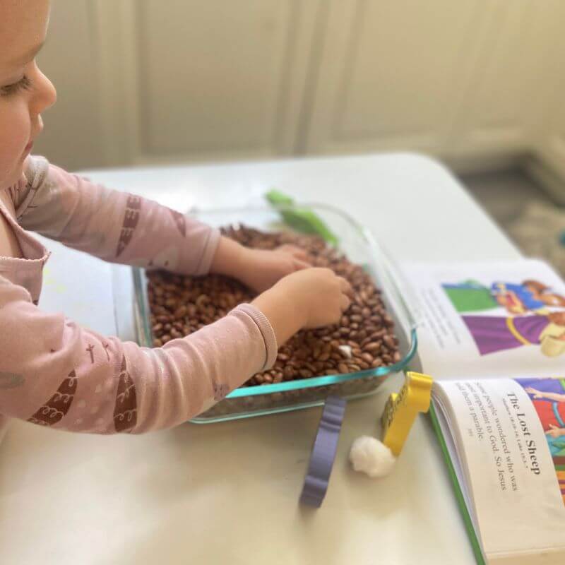 child playing with lost sheep sensory bin