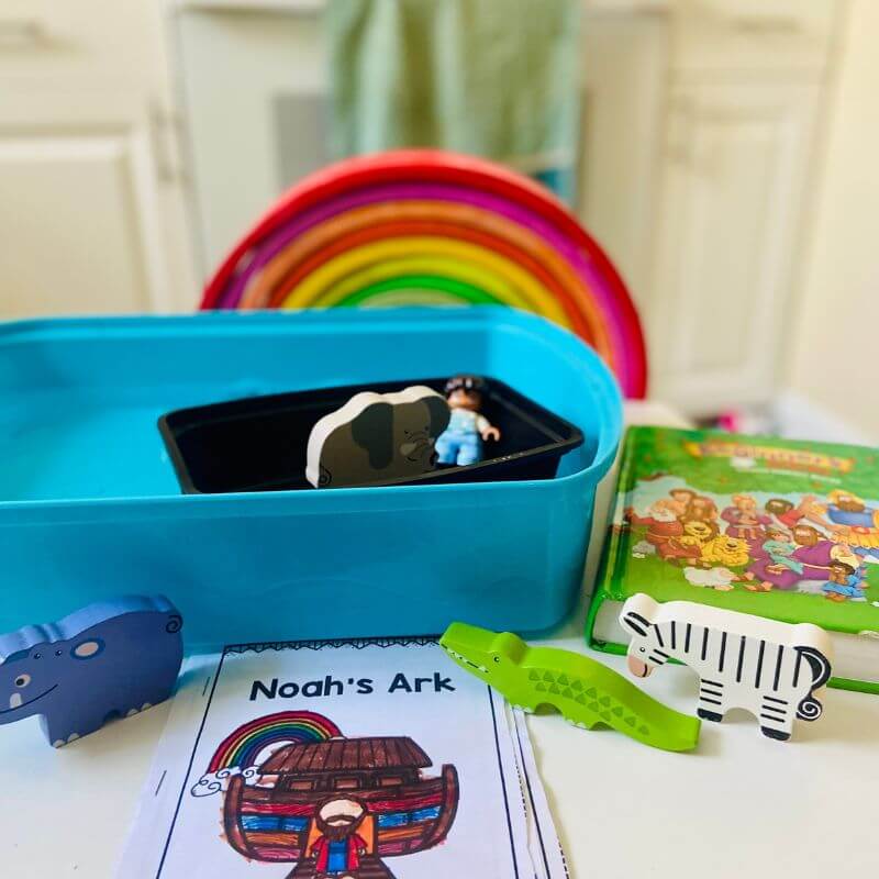 noahs ark sensory bin set up for play